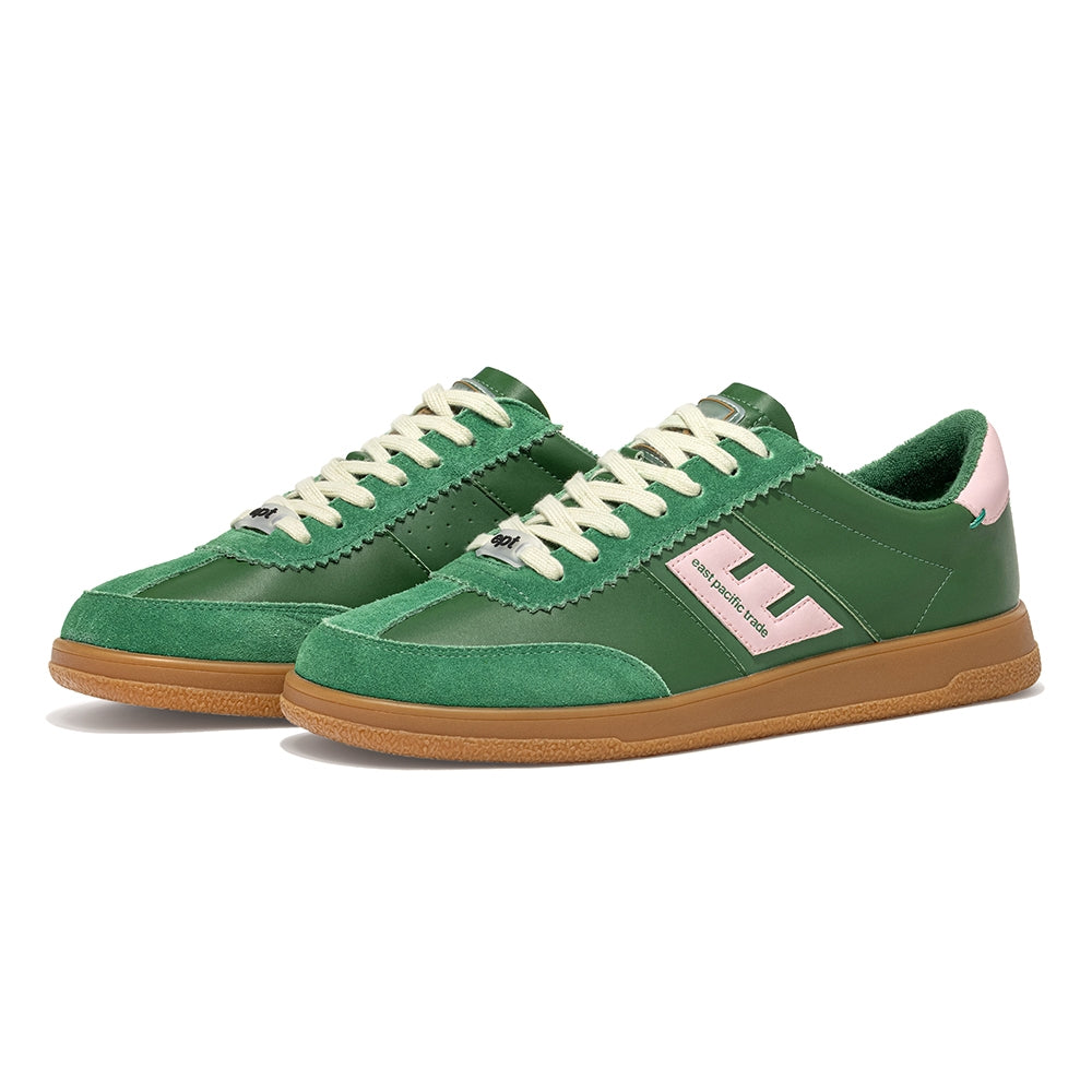 Low-profile green leather and suede trainers with pink accents