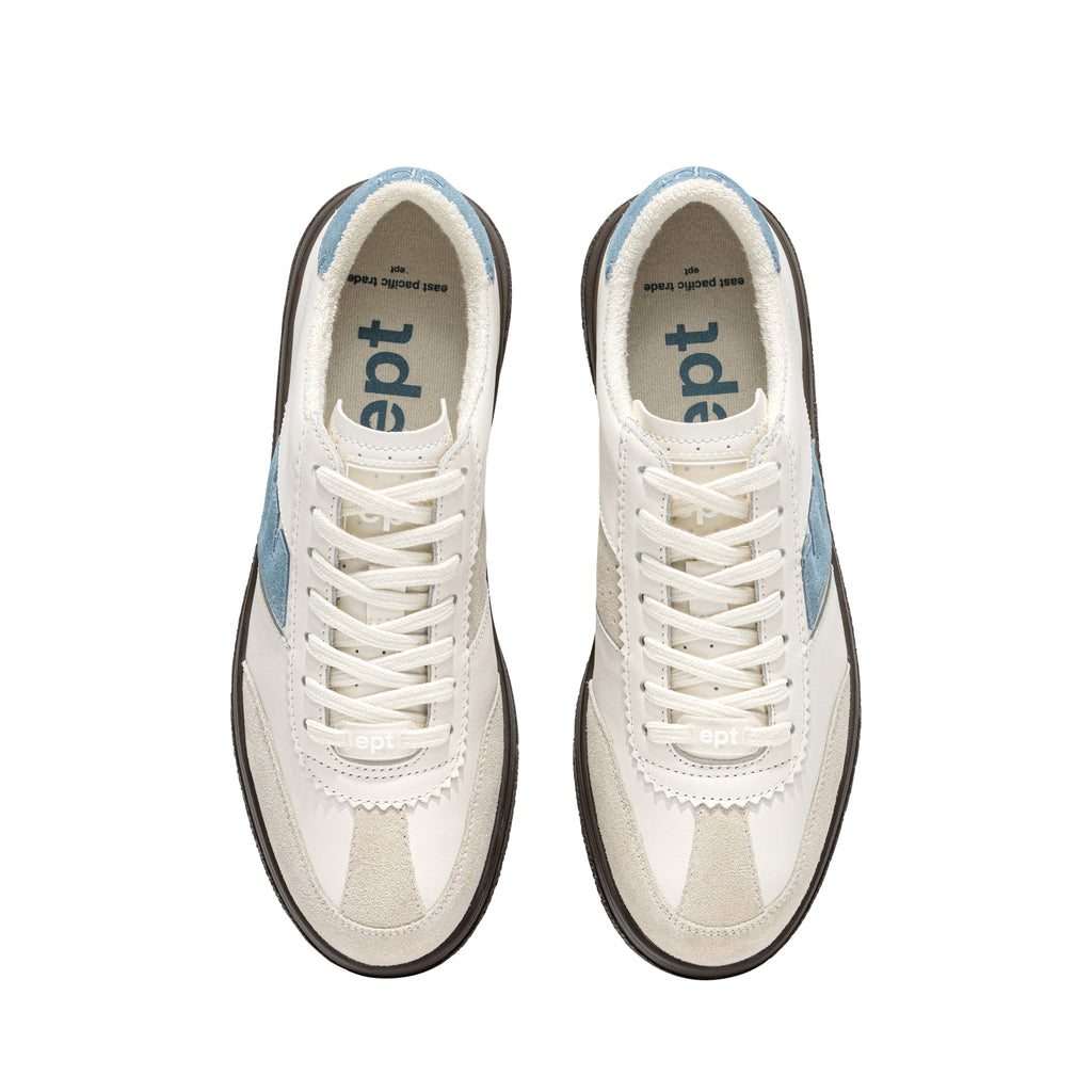 Close-up of leather and suede textures in off white, grey, and blue